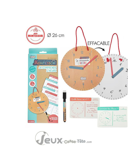 Jeu Montessori apprendre l’heure Horloge éducative enfant +6 ans Cartes effaçables